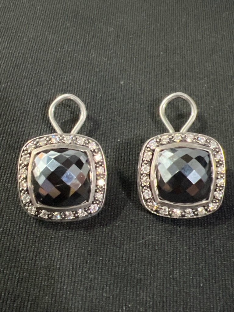 David Yurman Sterling Silver Albion 12mm Black Hematite Diamond Clip-On Earrings